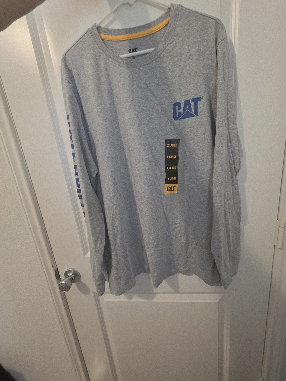 Caterpillar Gray Long Sleeve Tee with Blue and Yellow Logo Accents